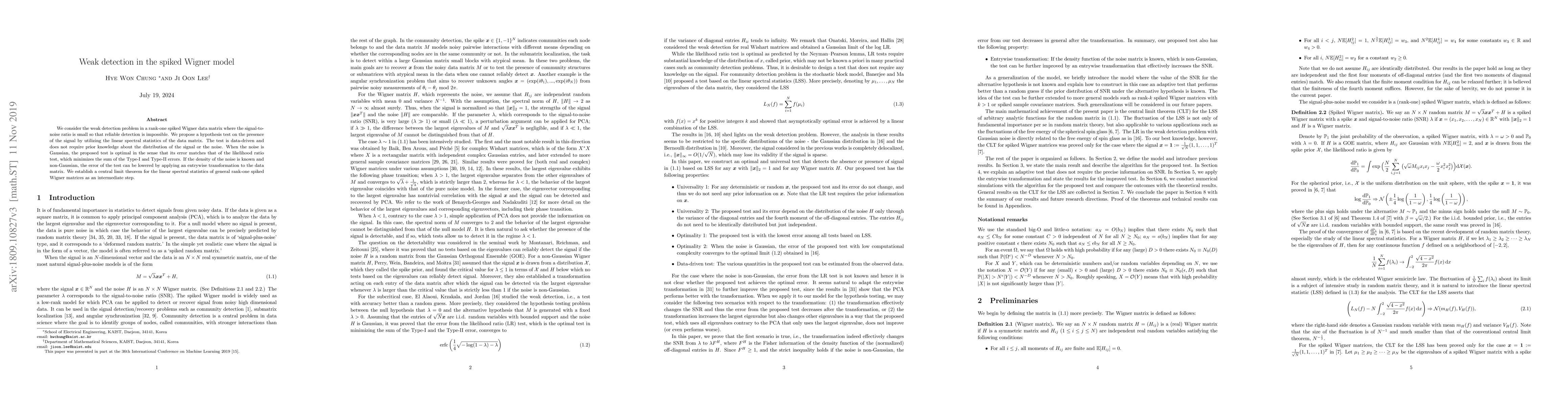 Thumbnail for Weak detection in the spiked Wigner model