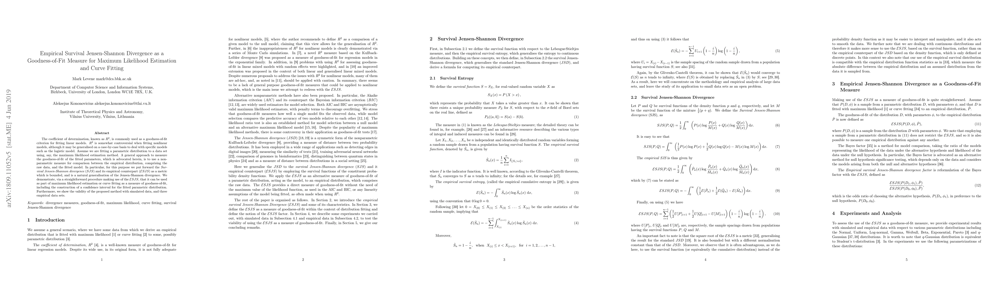 Thumbnail for Empirical Survival Jensen-Shannon Divergence as a Goodness-of-Fit
  Measure for Maximum Likelihood Estimation and Curve Fitting