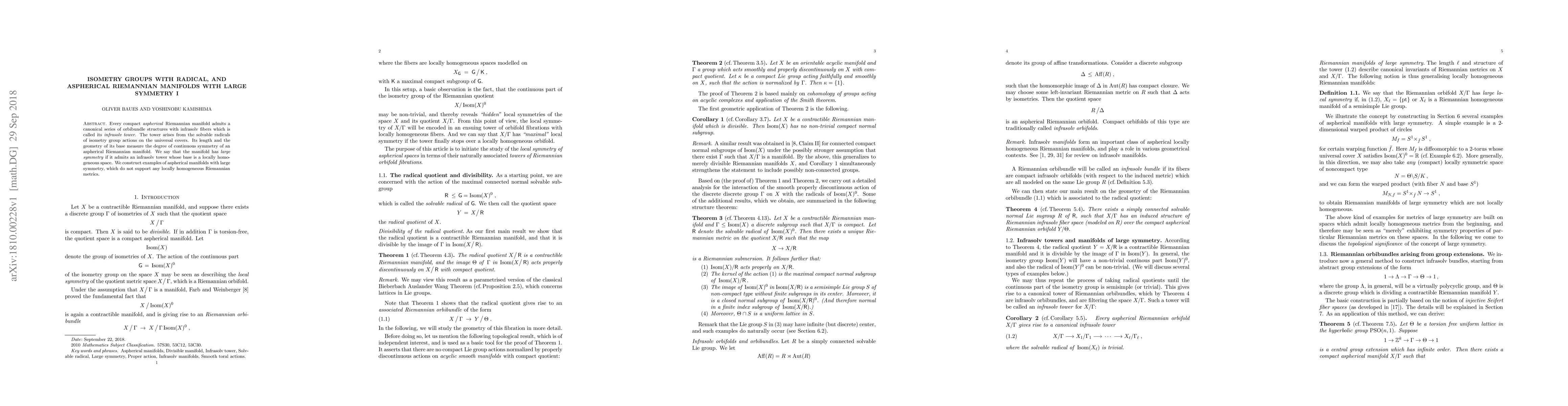 Thumbnail for Isometry groups with radical, and aspherical Riemannian manifolds with
  large symmetry I