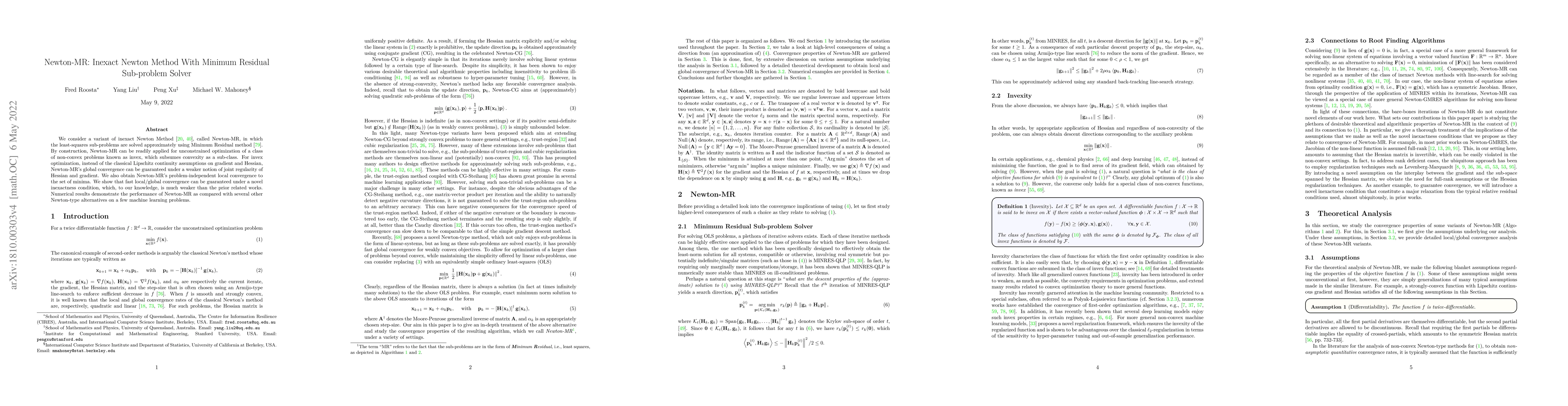 Thumbnail for Newton-MR: Inexact Newton Method With Minimum Residual Sub-problem
  Solver