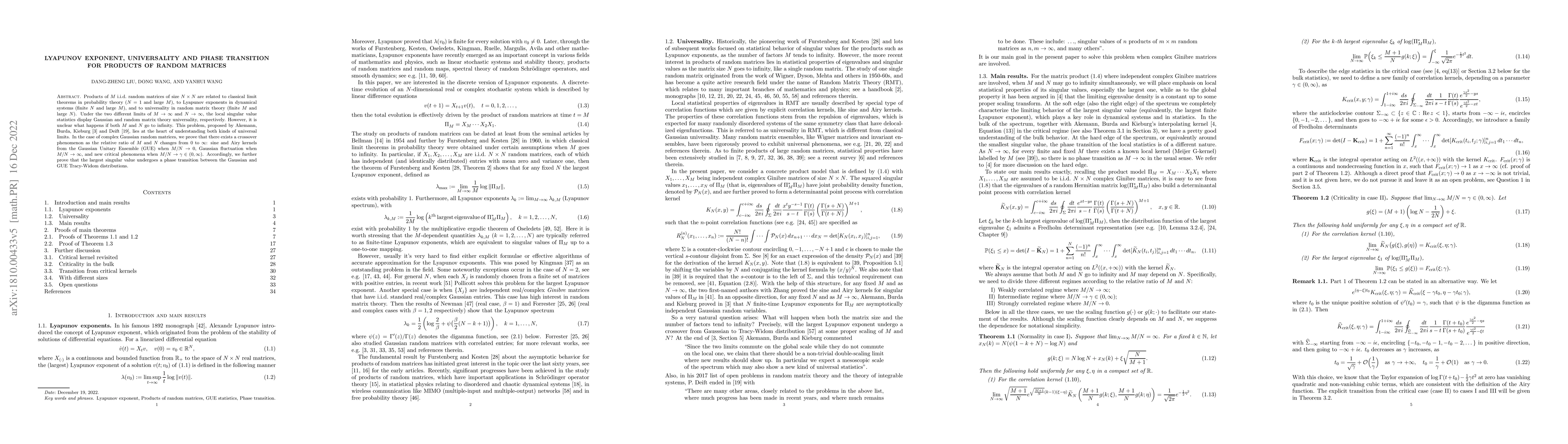 Thumbnail for Lyapunov exponent, universality and phase transition for products of
  random matrices