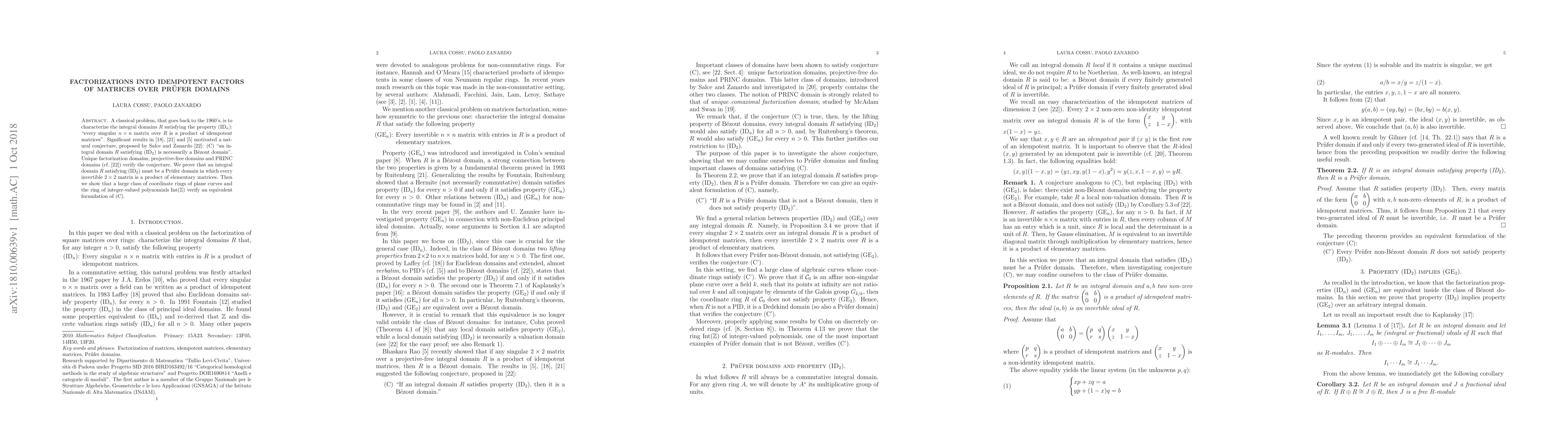 Thumbnail for Factorizations into idempotent factors of matrices over Pr\"ufer domains