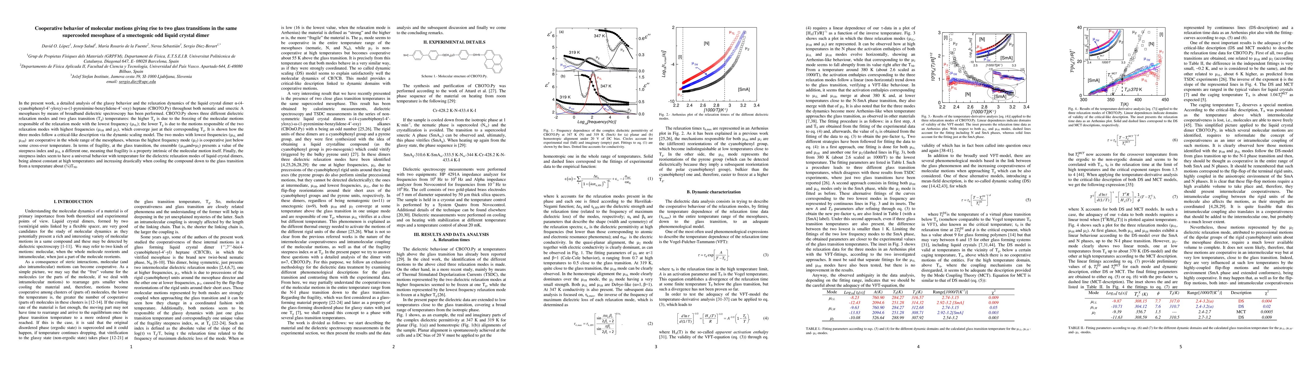 Thumbnail for Cooperative behavior of molecular motions giving rise to two glass
  transitions in the same supercooled mesophase of a smectogenic odd liquid
  crystal dimer