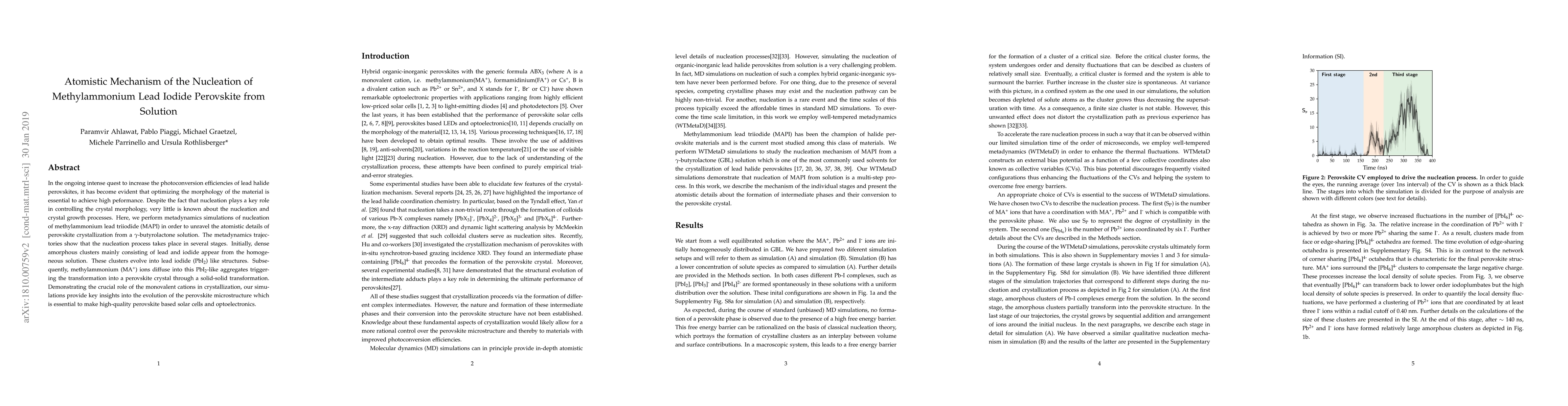 Thumbnail for Atomistic Mechanism of the Nucleation of Methylammonium Lead Iodide
  Perovskite from Solution