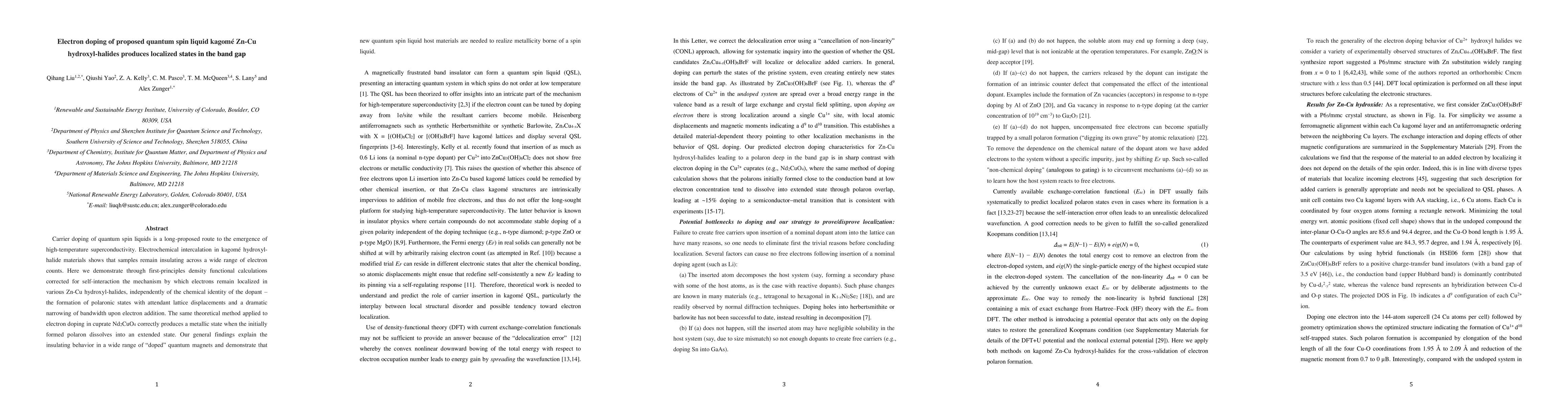 Thumbnail for Electron doping of proposed quantum spin liquid kagom\'e Zn-Cu
  hydroxyl-halides produces localized states in the band gap