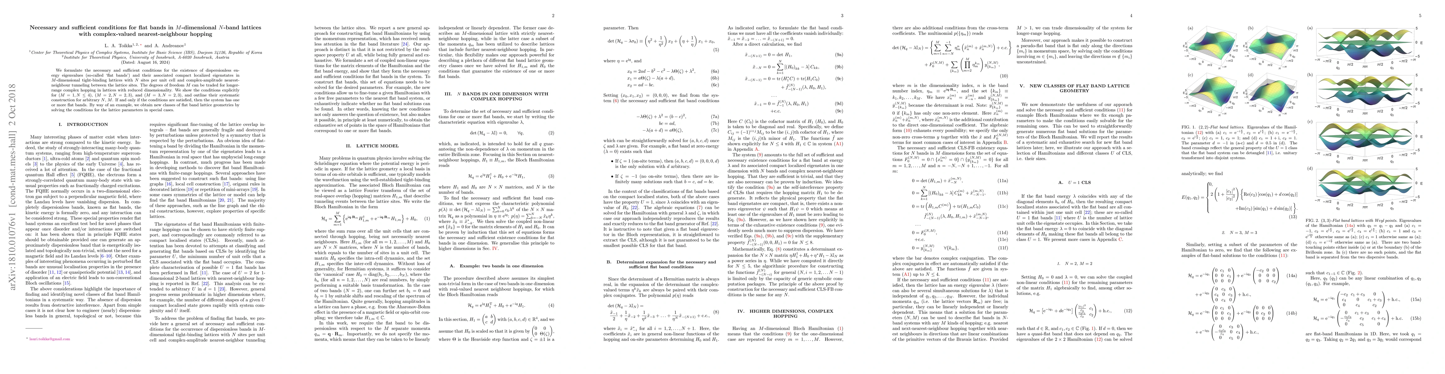 Thumbnail for Necessary and sufficient conditions for flat bands in $M$-dimensional
  $N$-band lattices with complex-valued nearest-neighbour hopping