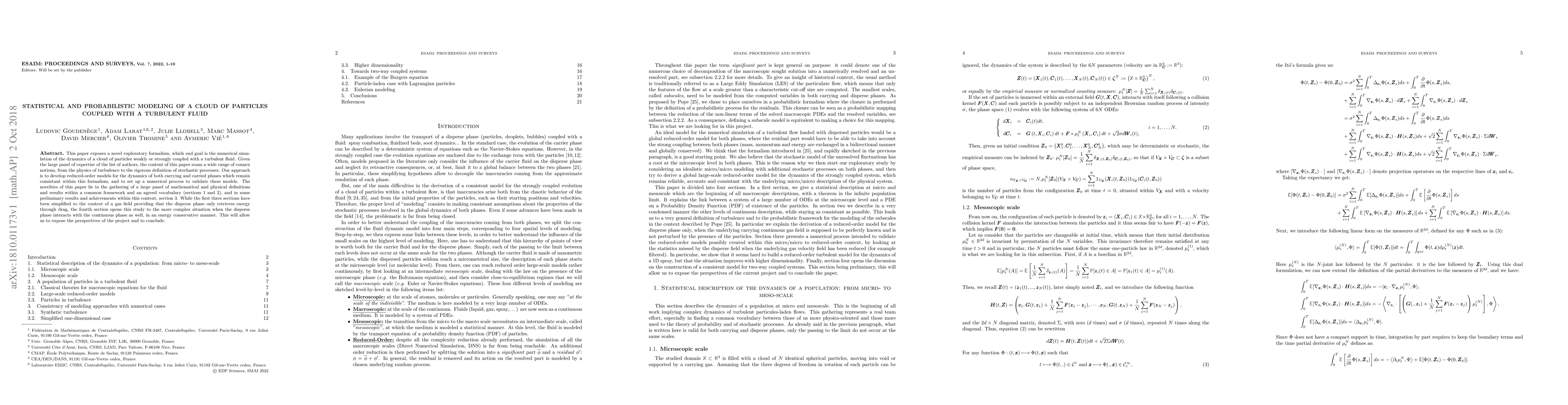 Thumbnail for Statistical and probabilistic modeling of a cloud of particles coupled
  with a turbulent fluid