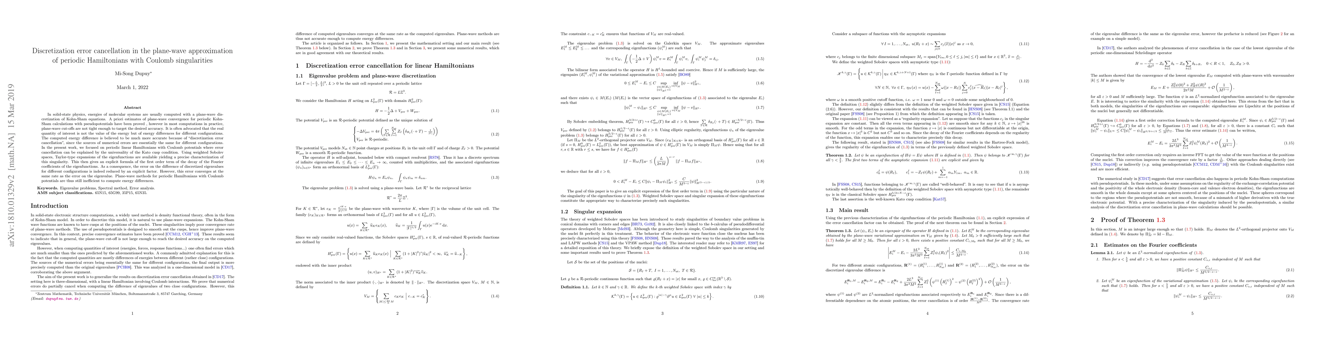 Thumbnail for Discretization error cancellation in the plane-wave approximation of
  periodic Hamiltonians with Coulomb singularities
