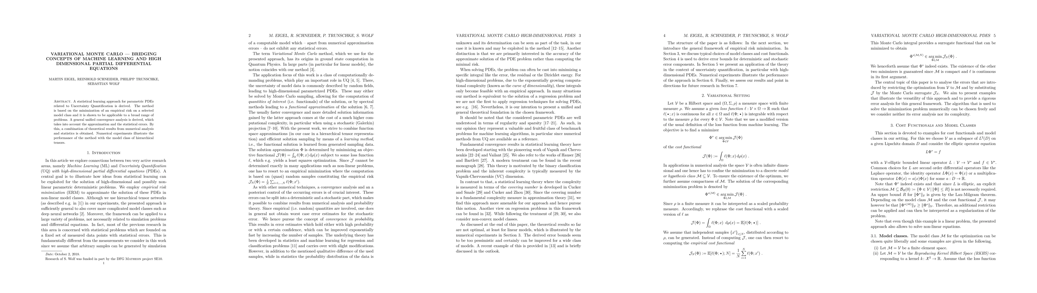 Thumbnail for Variational Monte Carlo - Bridging Concepts of Machine Learning and High
  Dimensional Partial Differential Equations