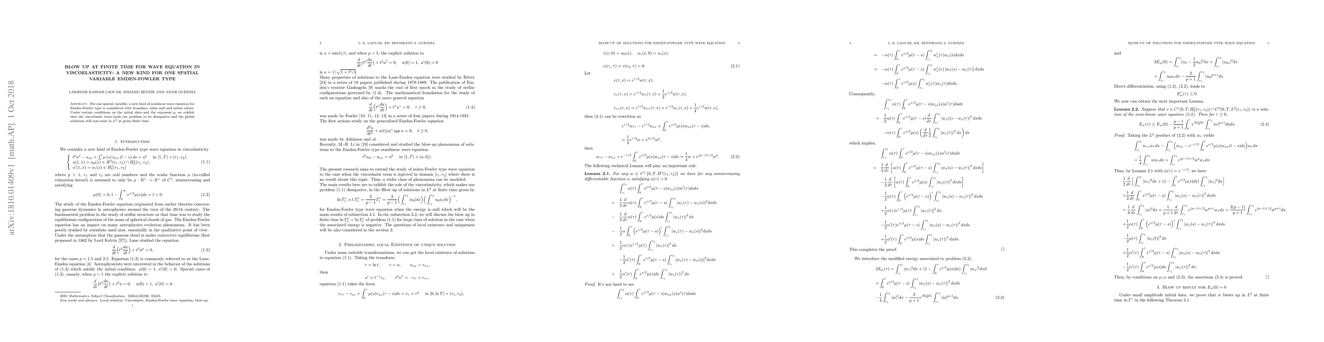 Thumbnail for Blow up at finite time for wave equation in visco-elasticity: a new kind
  for one spatial variable Emden-Fowler type