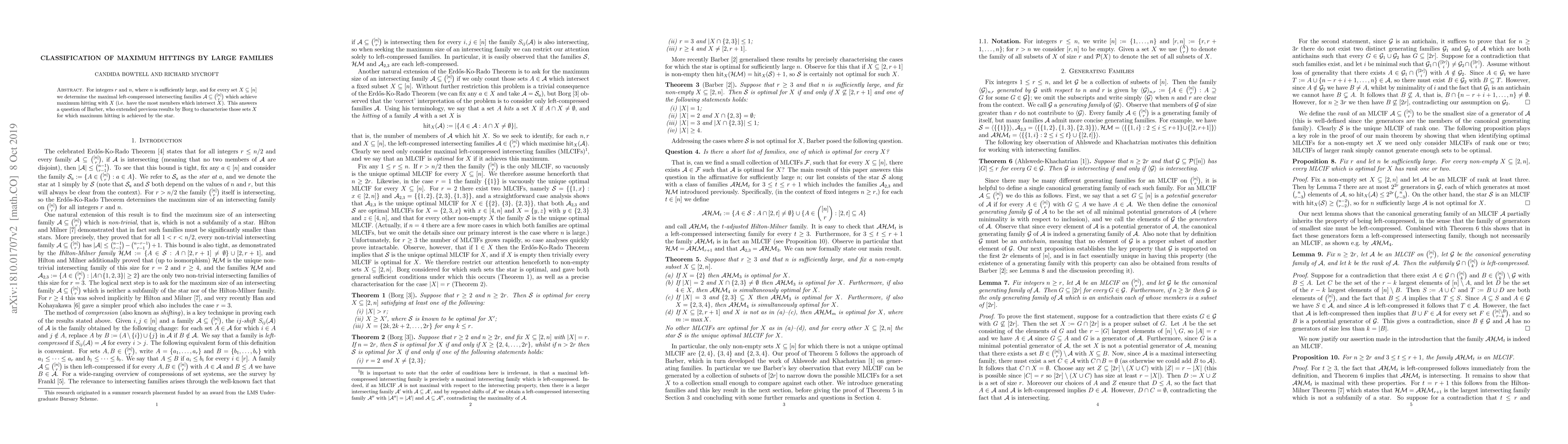 Thumbnail for Classification of maximum hittings by large families