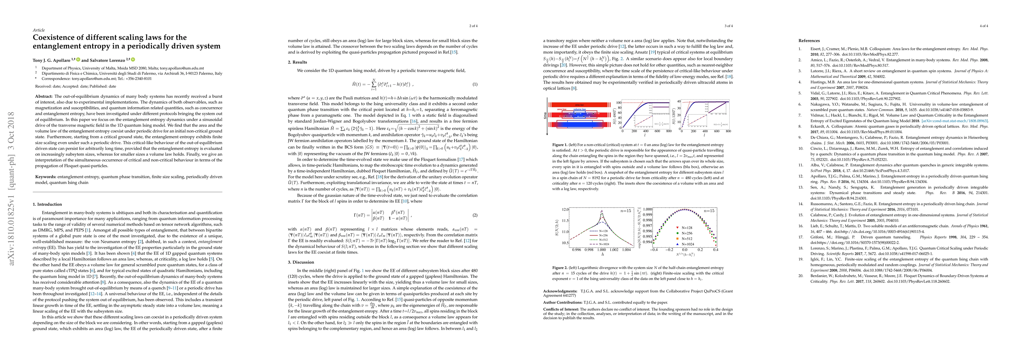 Thumbnail for Coexistence of different scaling laws for the entanglement entropy in a
  periodically driven system