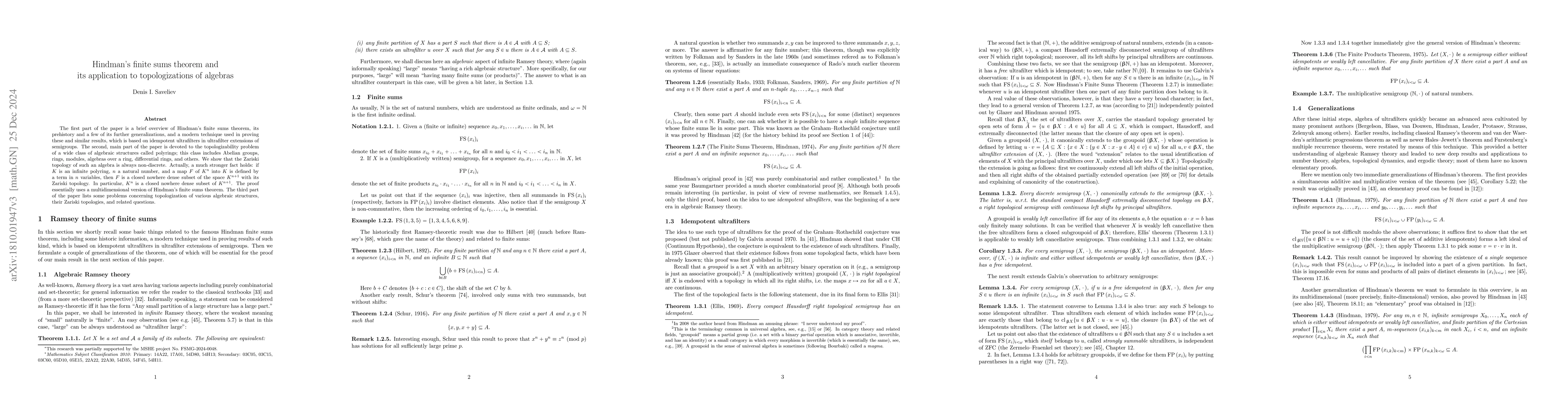 Thumbnail for Hindman's finite sums theorem and its application to topologizations of
  algebras