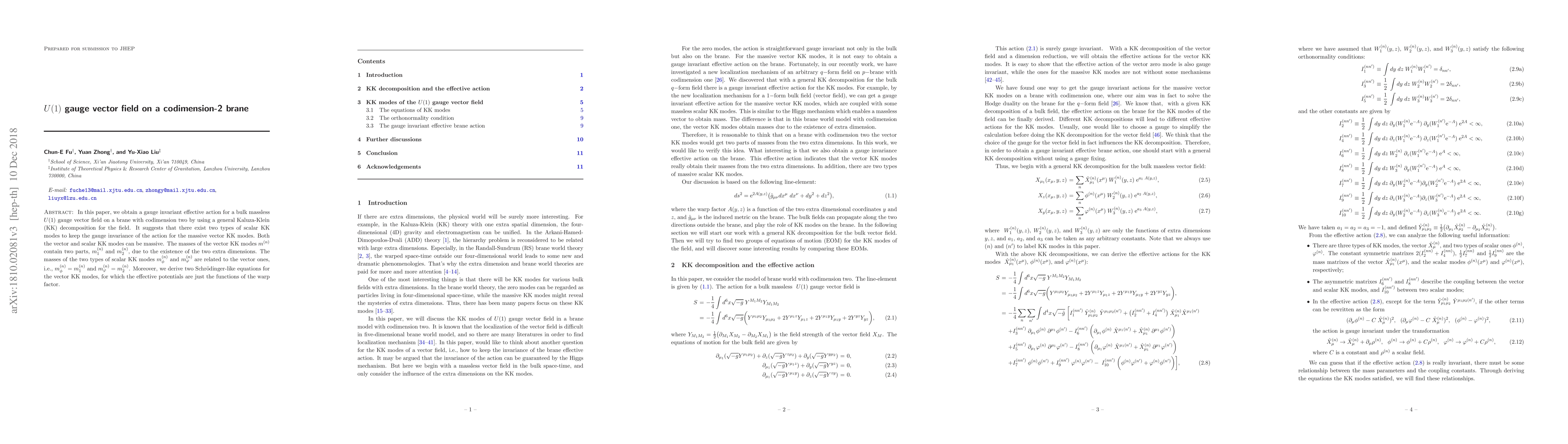 Thumbnail for $U(1)$ gauge vector field on a codimension-2 brane
