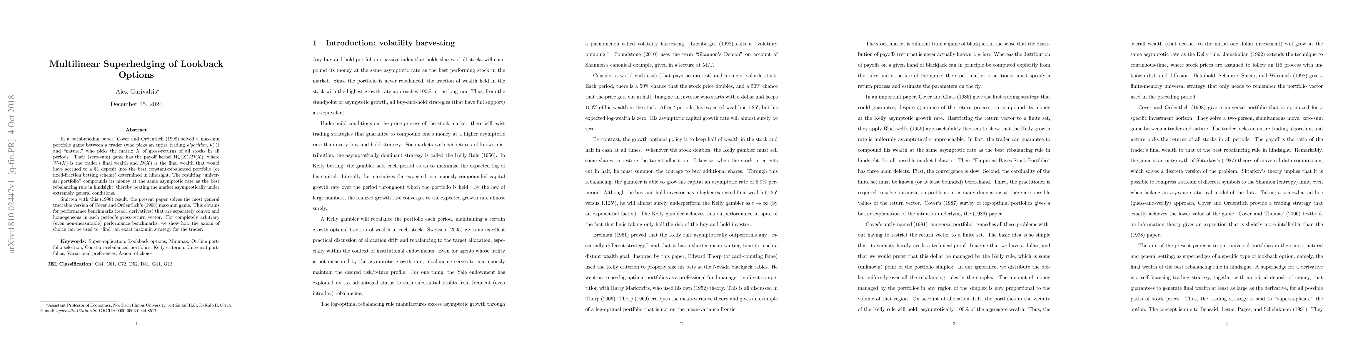 Thumbnail for Multilinear Superhedging of Lookback Options