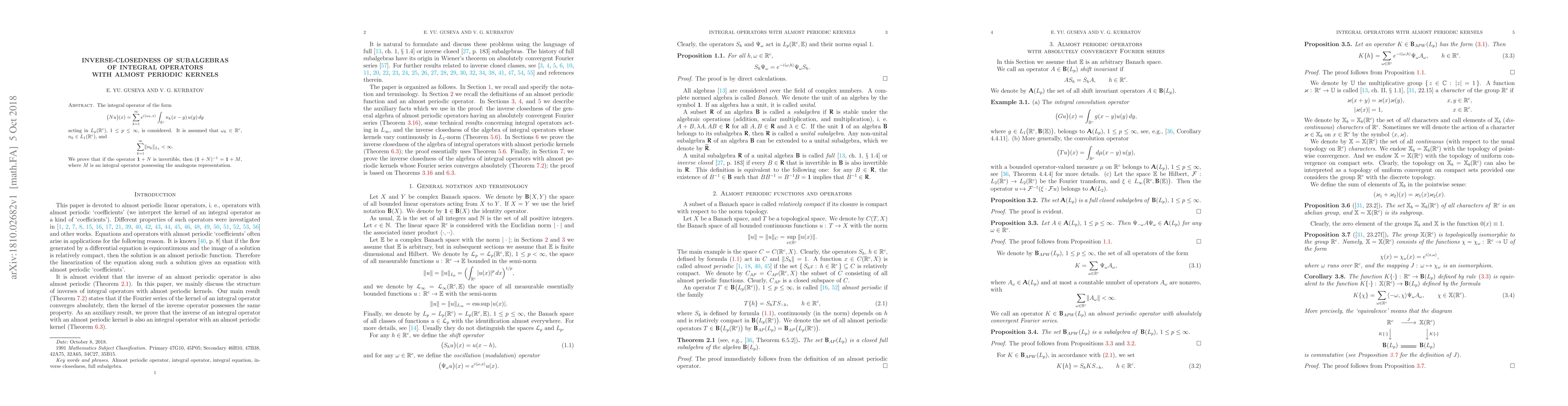 Thumbnail for Inverse-closedness of subalgebras of integral operators with almost
  periodic kernels