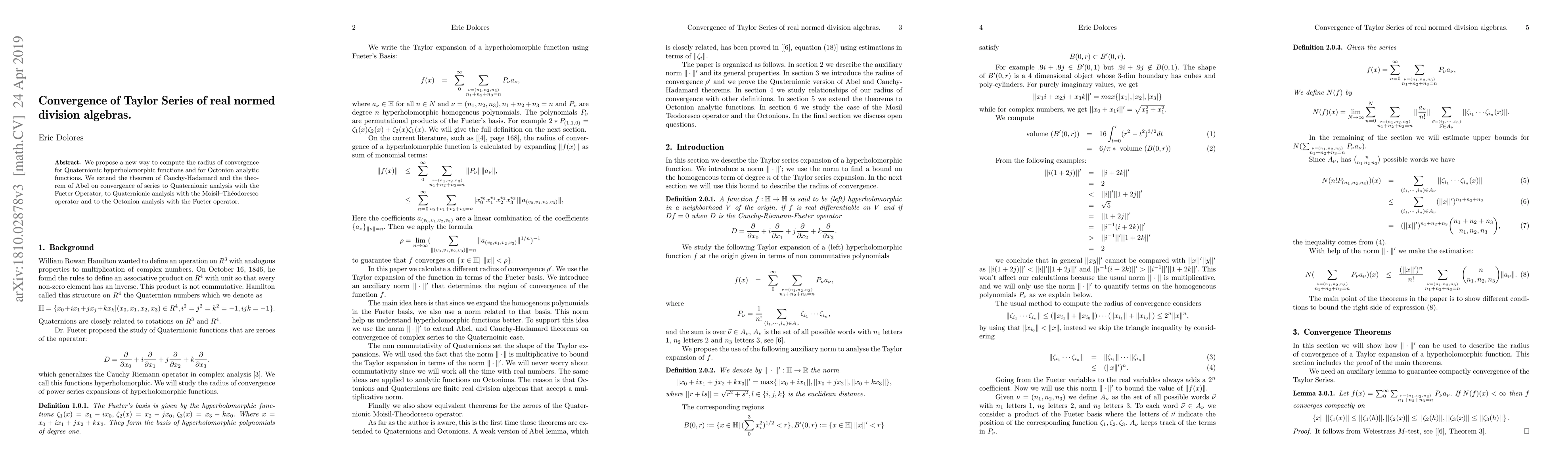 Thumbnail for Convergence of Taylor Series of real normed division algebras