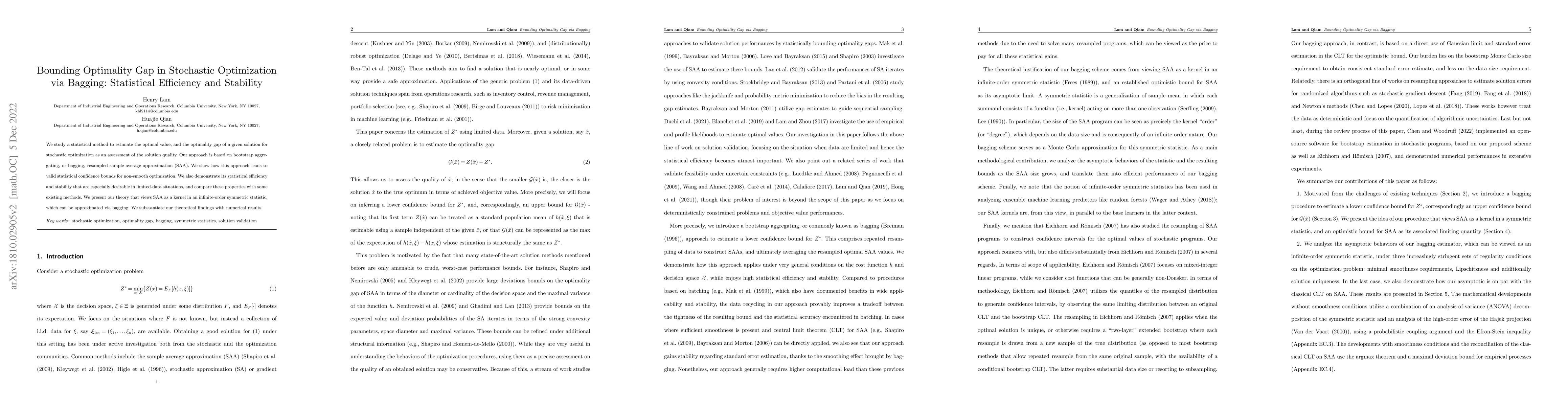 Thumbnail for Bounding Optimality Gap in Stochastic Optimization via Bagging:
  Statistical Efficiency and Stability