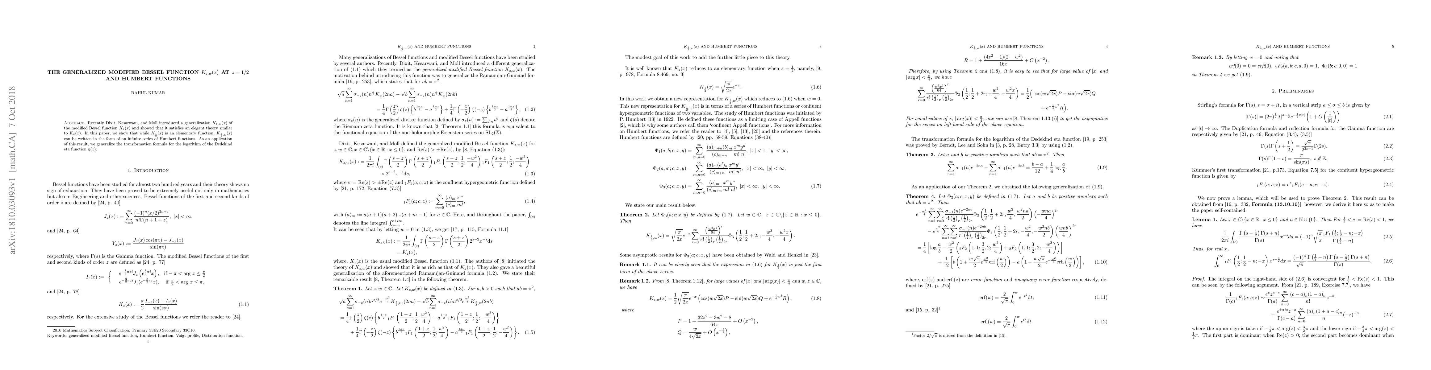 Thumbnail for The generalized modified Bessel function $K_{z,w}(x)$ at $z=1/2$ and
  Humbert functions