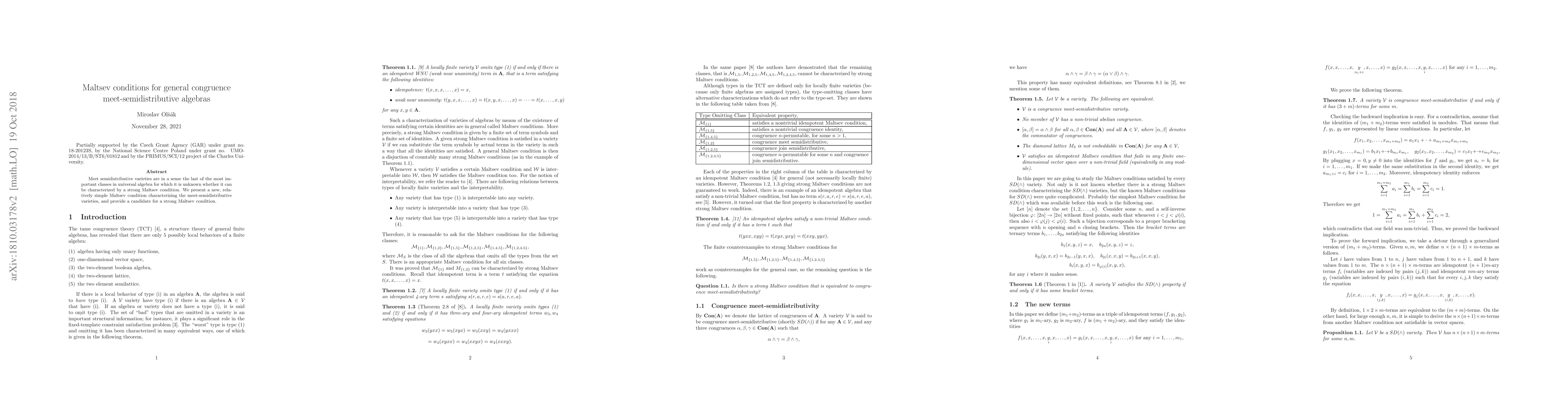 Thumbnail for Maltsev conditions for general congruence meet-semidistributive algebras