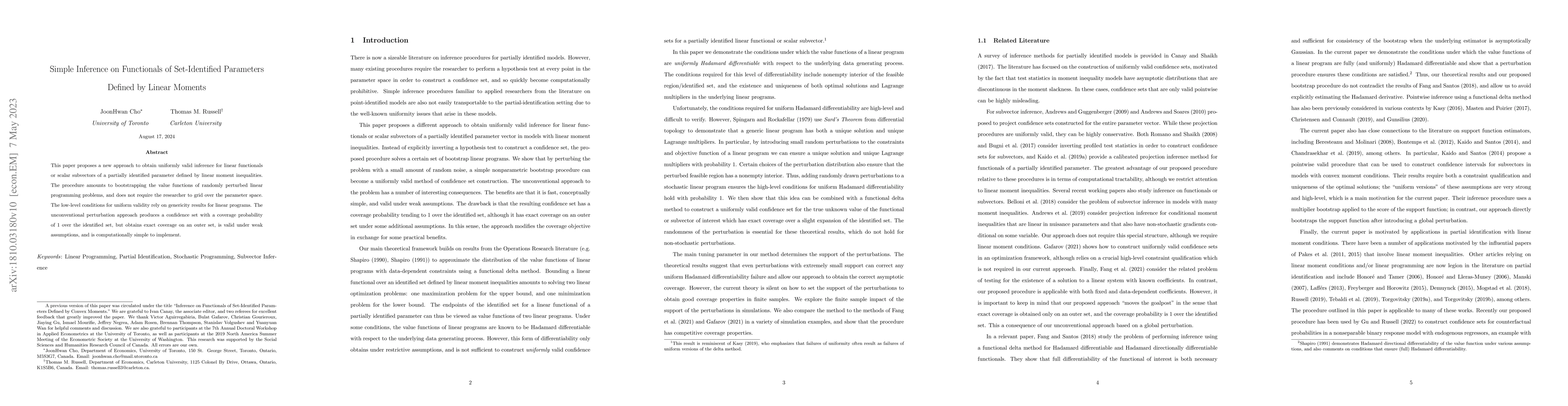 Thumbnail for Simple Inference on Functionals of Set-Identified Parameters Defined by
  Linear Moments