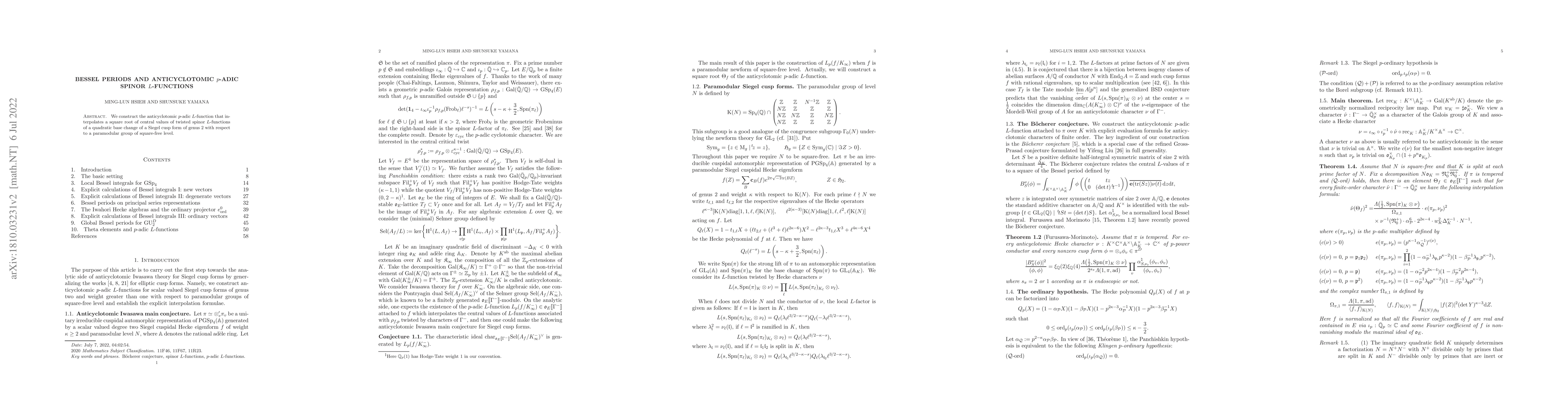Thumbnail for Bessel periods and anticyclotomic $p$-adic spinor $L$-functions