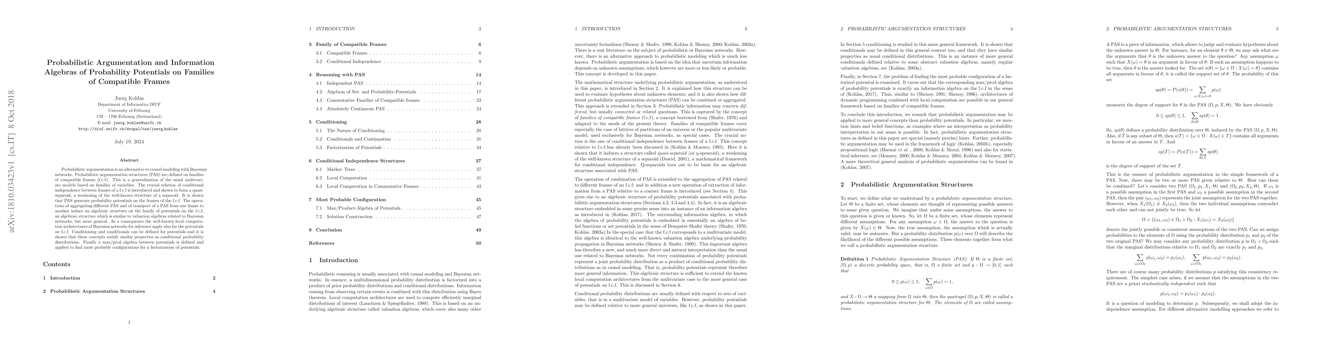 Thumbnail for Probabilistic Argumentation and Information Algebras of Probability
  Potentials on Families of Compatible Frames