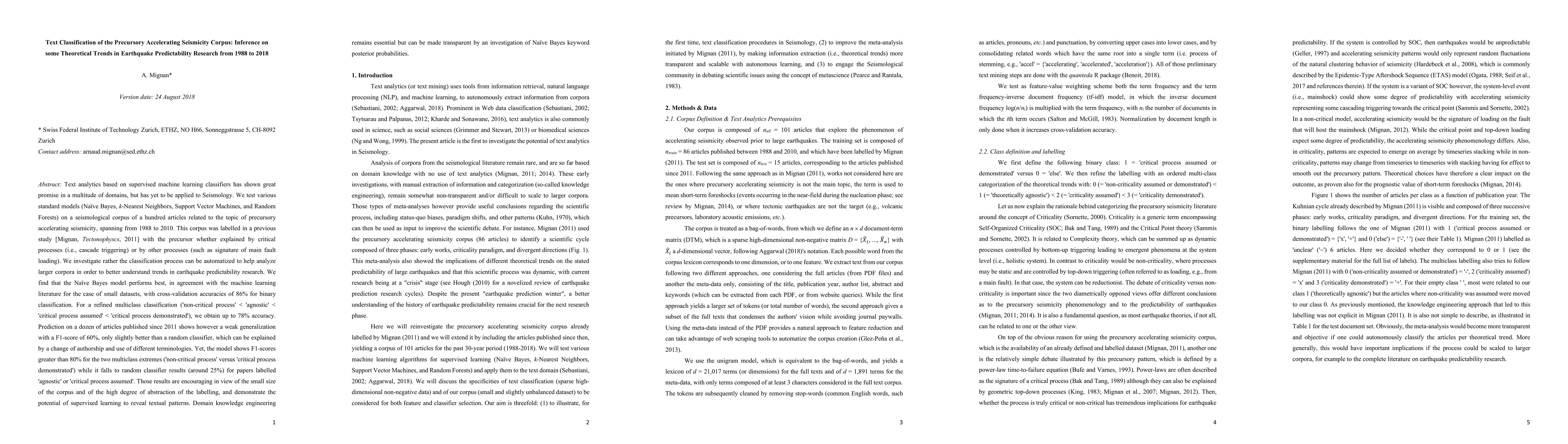 Thumbnail for Text Classification of the Precursory Accelerating Seismicity Corpus:
  Inference on some Theoretical Trends in Earthquake Predictability Research
  from 1988 to 2018