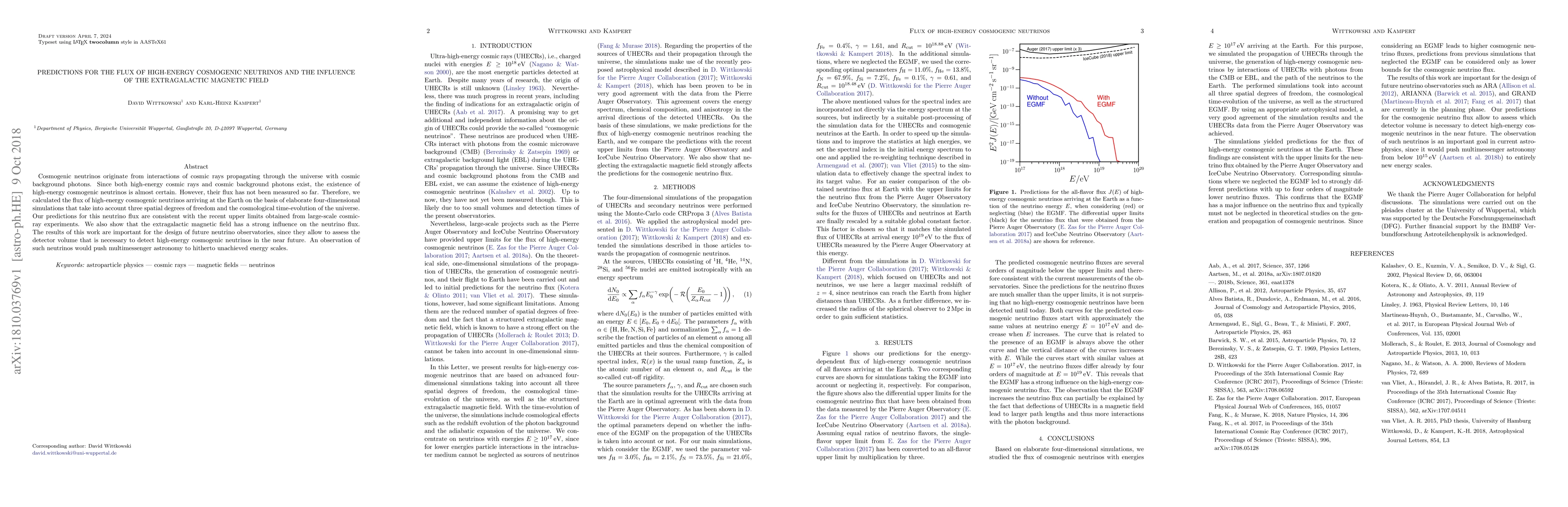 Thumbnail for Predictions for the flux of high-energy cosmogenic neutrinos and the
  influence of the extragalactic magnetic field
