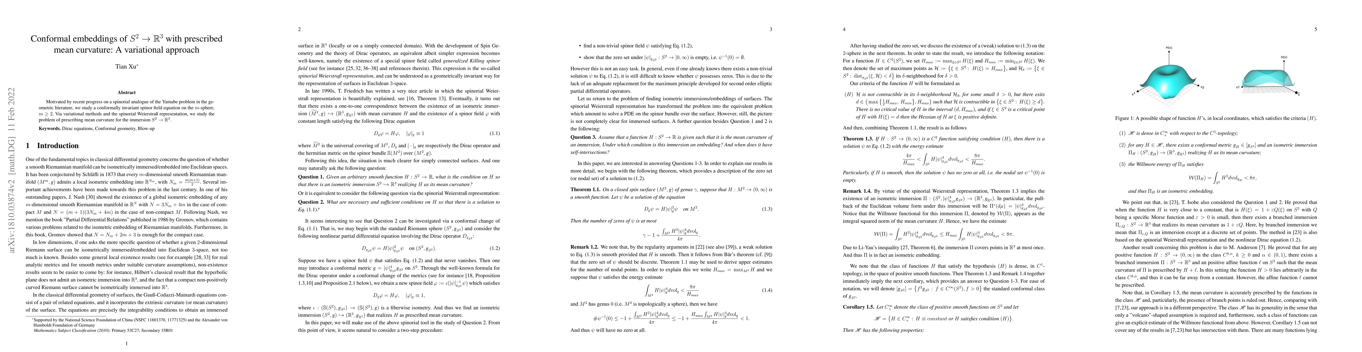 Thumbnail for Conformal embeddings of $S^2\to\mathbb{R}^3$ with prescribed mean
  curvature: A variational approach