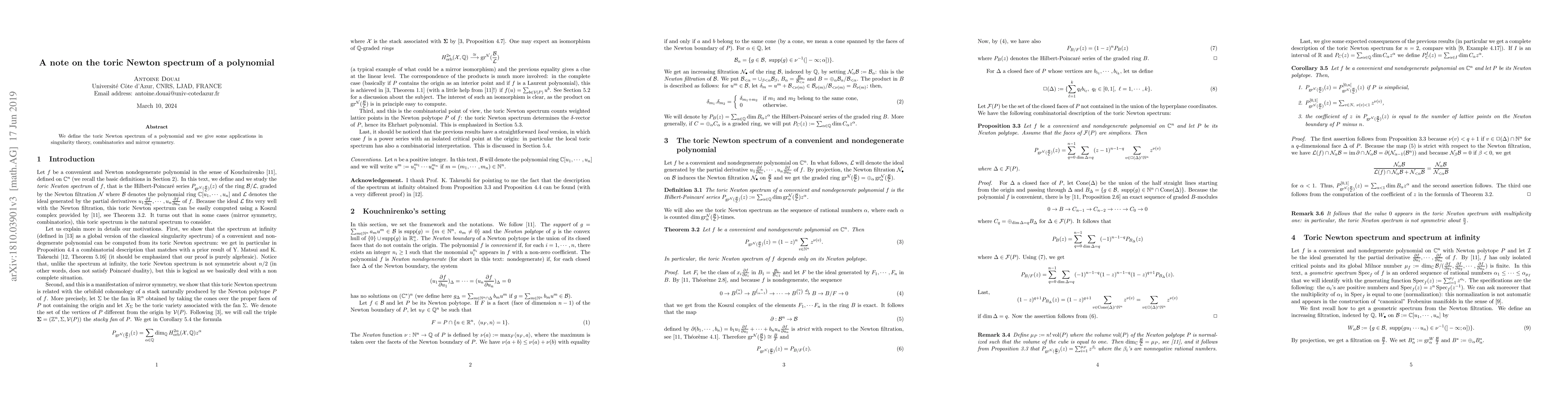 Thumbnail for A note on the toric Newton spectrum of a polynomial