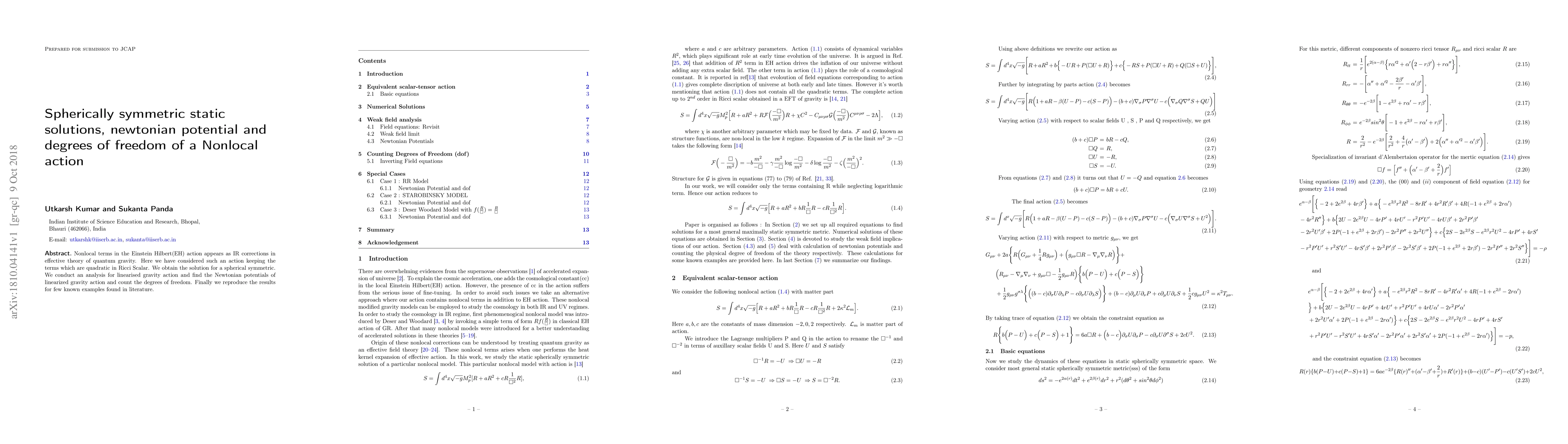 Thumbnail for Spherically symmetric static solutions, newtonian potential and degrees
  of freedom of a Nonlocal action