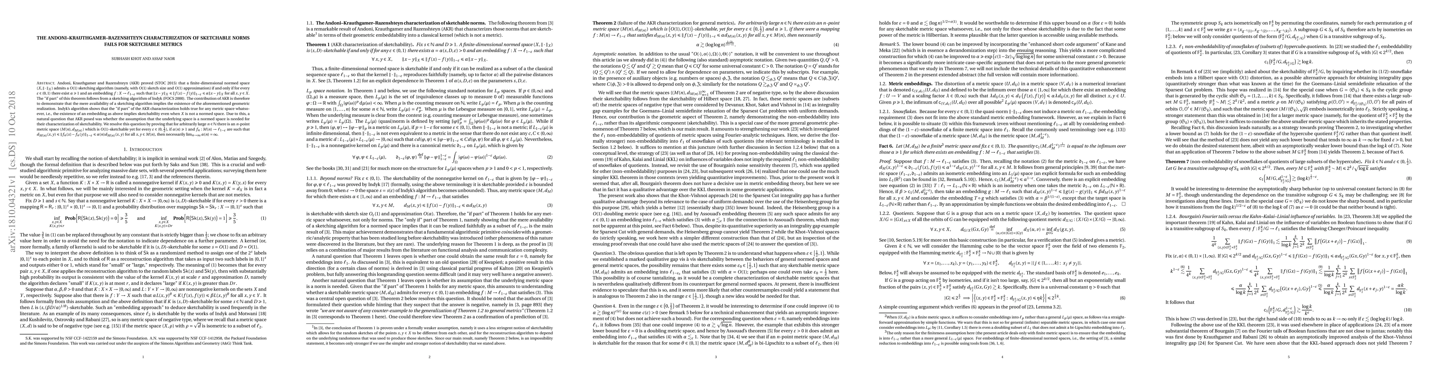Thumbnail for The Andoni--Krauthgamer--Razenshteyn characterization of sketchable
  norms fails for sketchable metrics