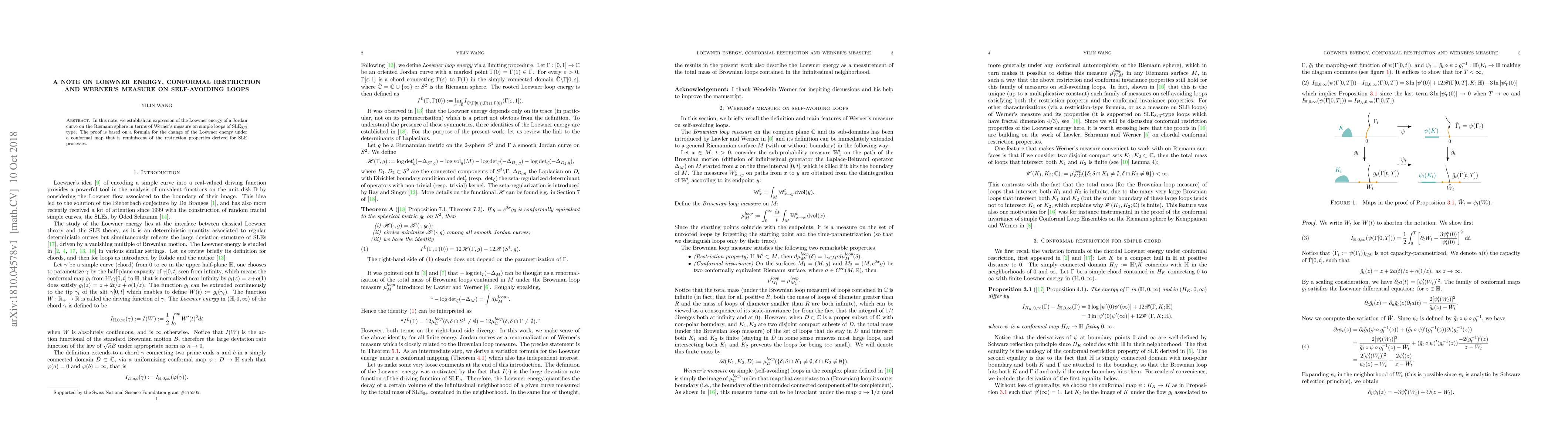 Thumbnail for A note on Loewner energy, conformal restriction and Werner's measure on
  self-avoiding loops