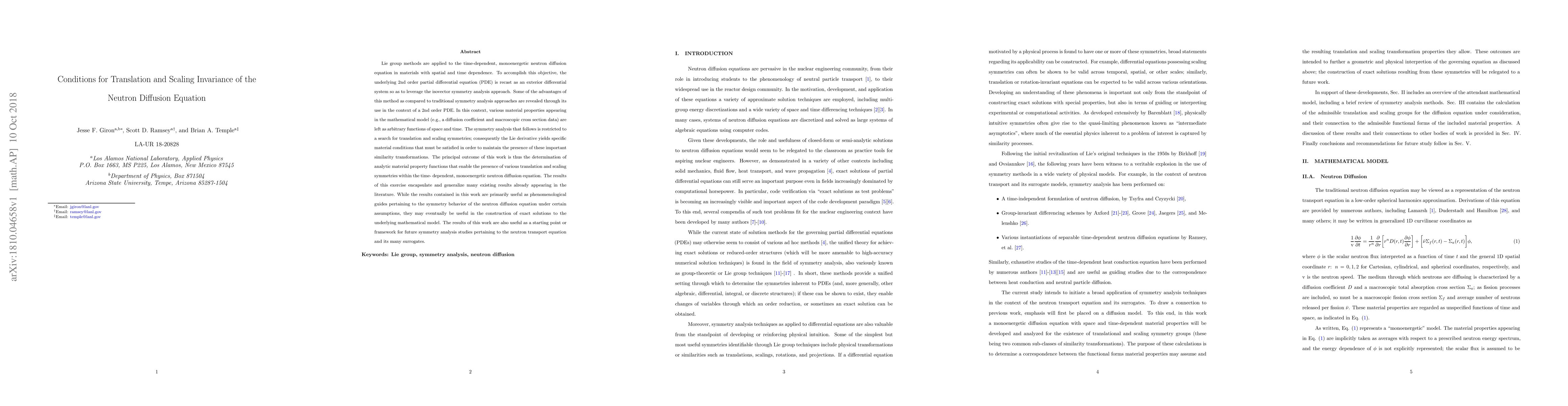 Thumbnail for Conditions for Translation and Scaling Invariance of the Neutron
  Diffusion Equation