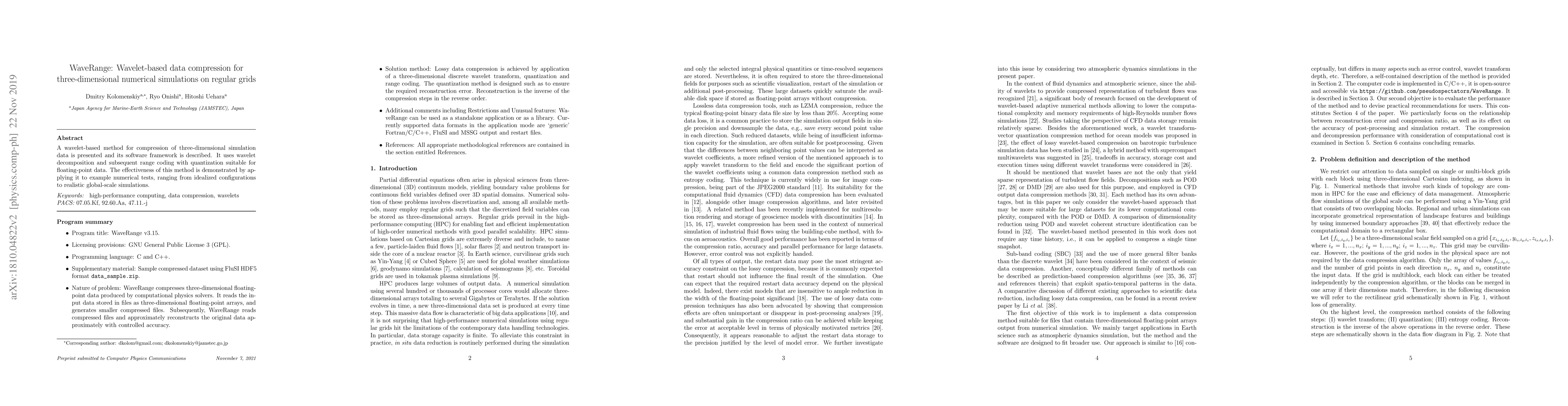 Thumbnail for WaveRange: Wavelet-based data compression for three-dimensional
  numerical simulations on regular grids