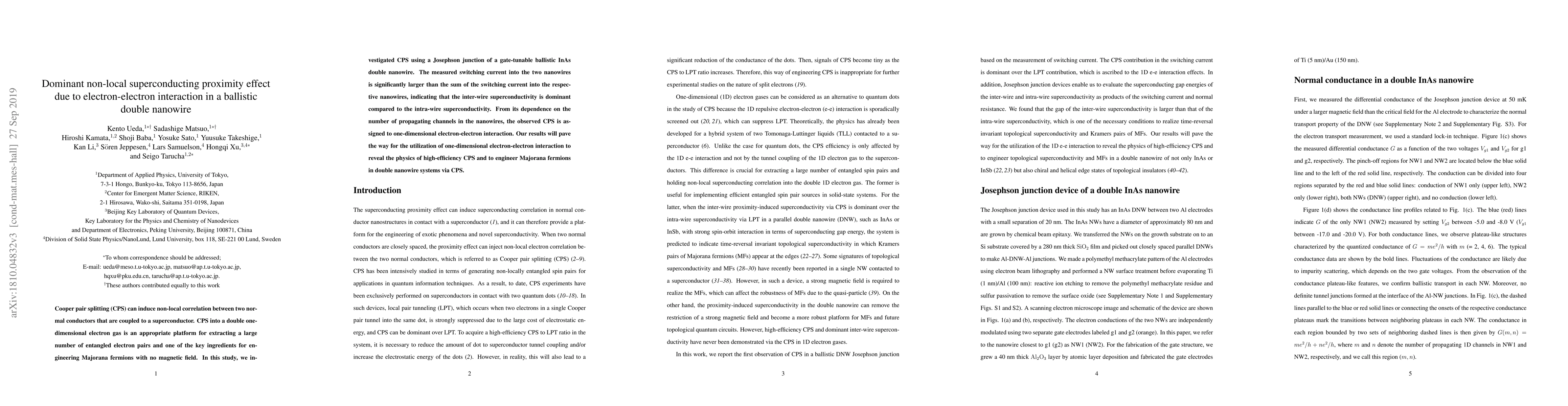 Thumbnail for Dominant non-local superconducting proximity effect due to
  electron-electron interaction in a ballistic double nanowire