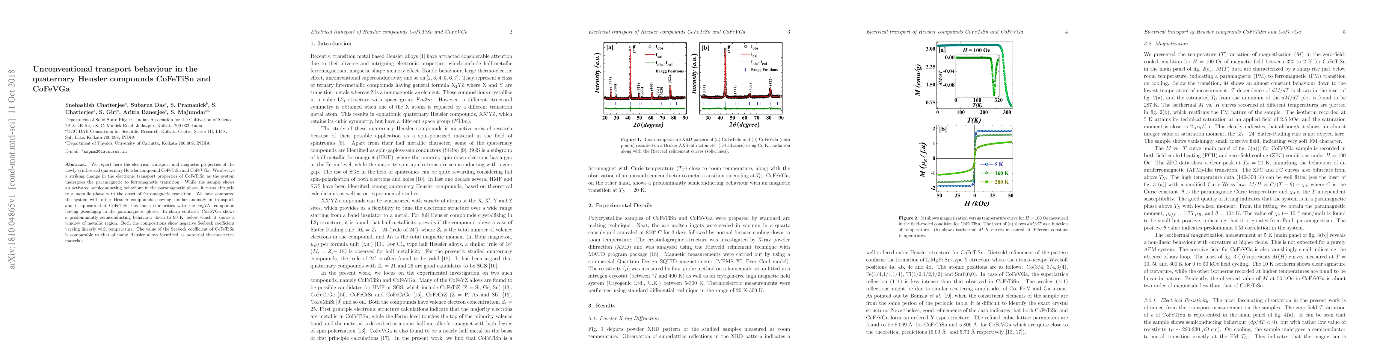 Thumbnail for Unconventional transport behavior in the Quaternary Heusler compounds
  CoFeTiSn and CoFeVGa