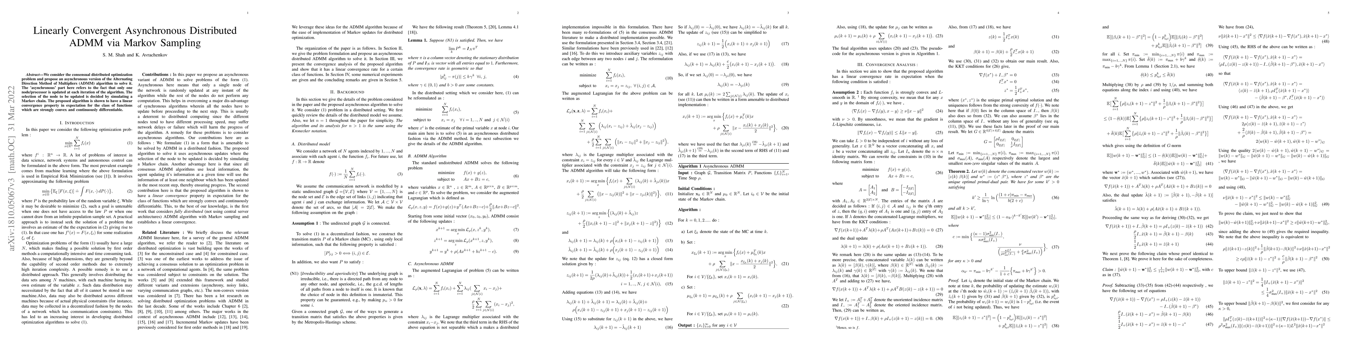 Thumbnail for Linearly Convergent Asynchronous Distributed ADMM via Markov Sampling