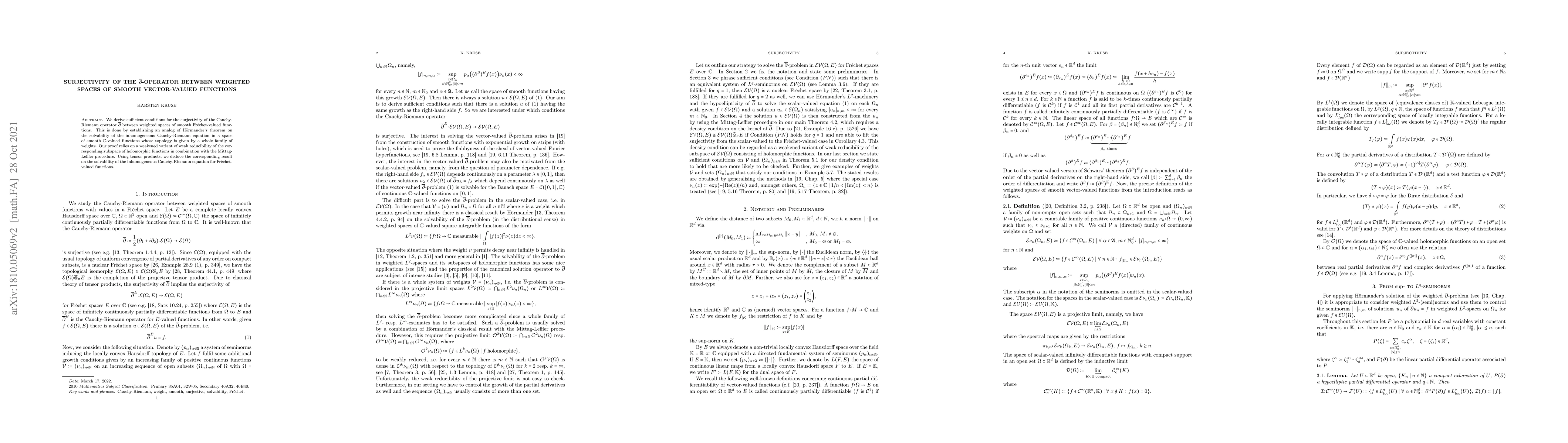Thumbnail for Surjectivity of the $\overline{\partial}$-operator between weighted
  spaces of smooth vector-valued functions