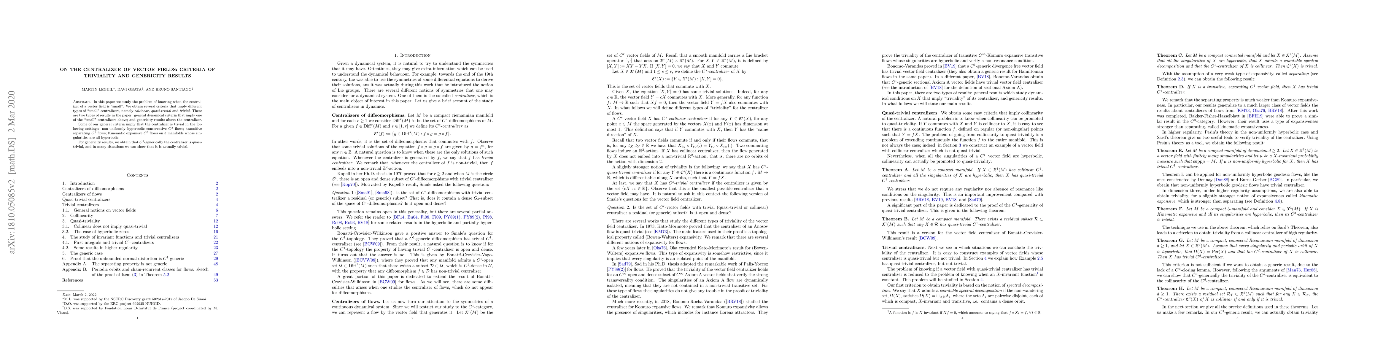 Thumbnail for On the centralizer of vector fields: criteria of triviality and
  genericity results