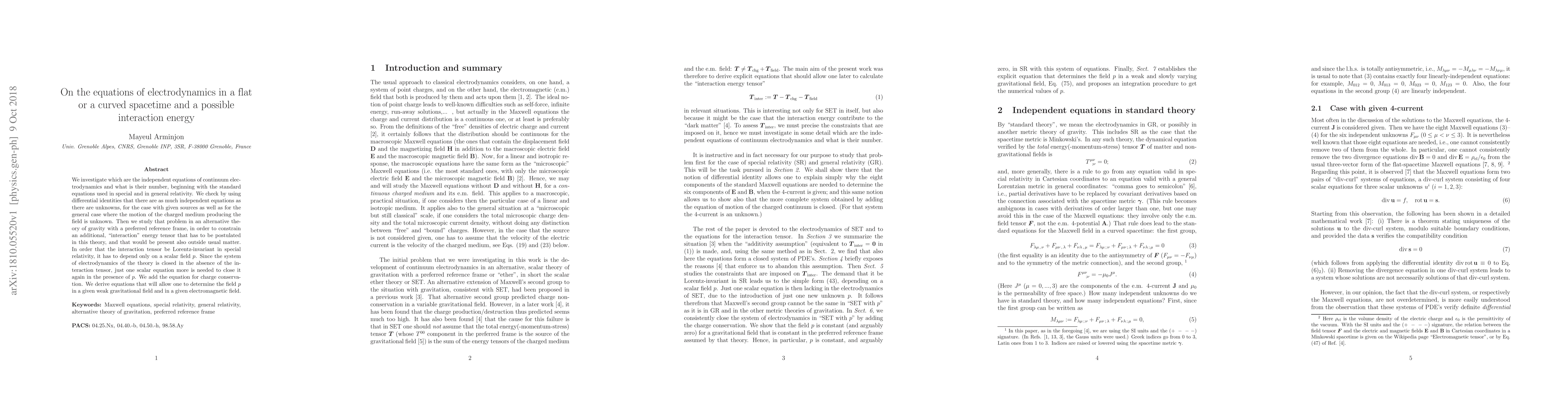 Thumbnail for On the equations of electrodynamics in a flat or a curved spacetime and
  a possible interaction energy