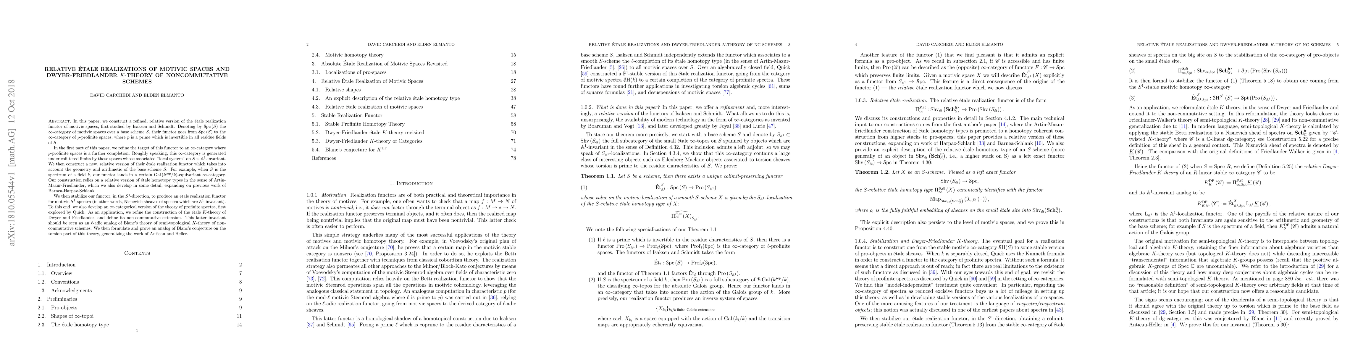 Thumbnail for Relative \'{E}tale Realizations of Motivic Spaces and Dwyer-Friedlander
  $K$-Theory of Noncommutative Schemes
