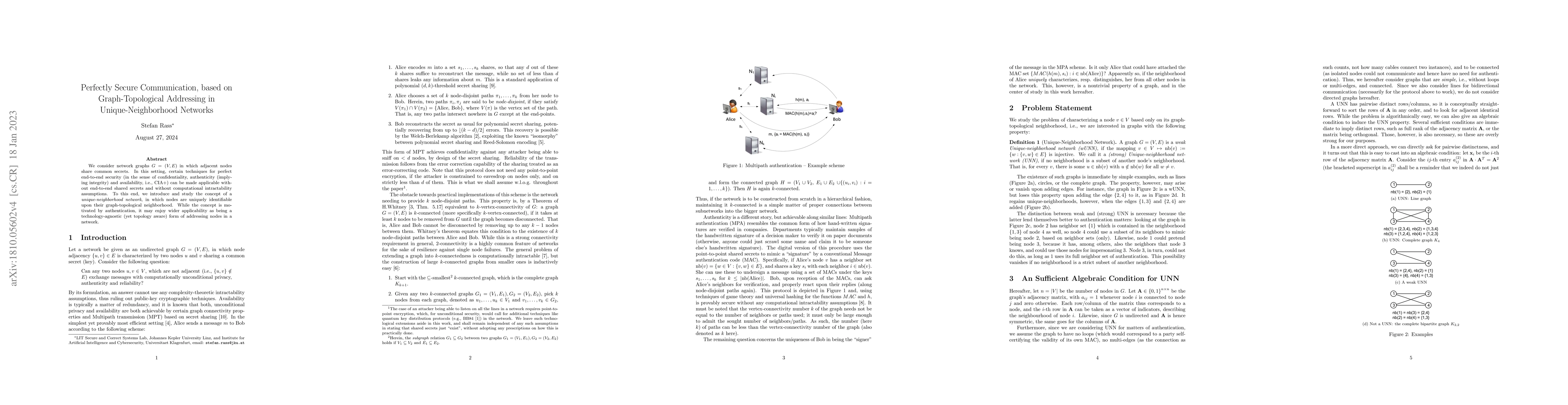 Thumbnail for Perfectly Secure Communication, based on Graph-Topological Addressing in
  Unique-Neighborhood Networks