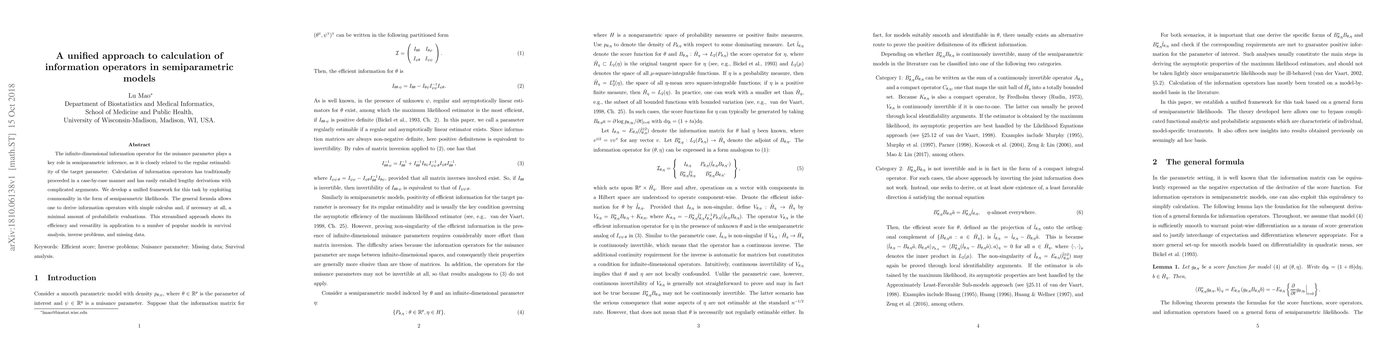 Thumbnail for A unified approach to calculation of information operators in
  semiparametric models