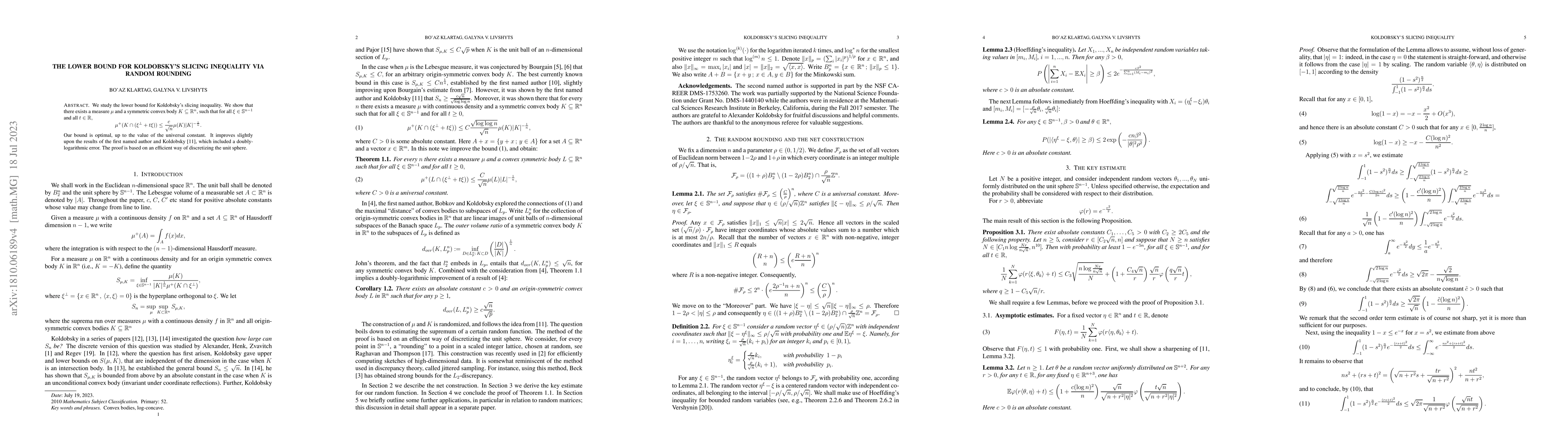 Thumbnail for The lower bound for Koldobsky's slicing inequality via random rounding