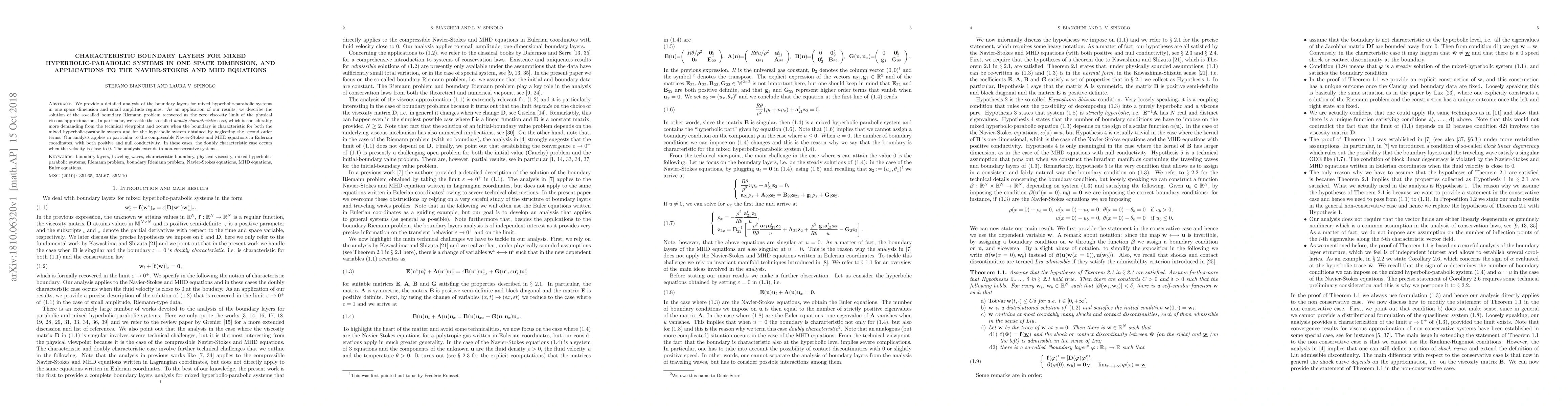 Thumbnail for Characteristic boundary layers for mixed hyperbolic-parabolic systems in
  one space dimension, and applications to the Navier-Stokes and MHD equations