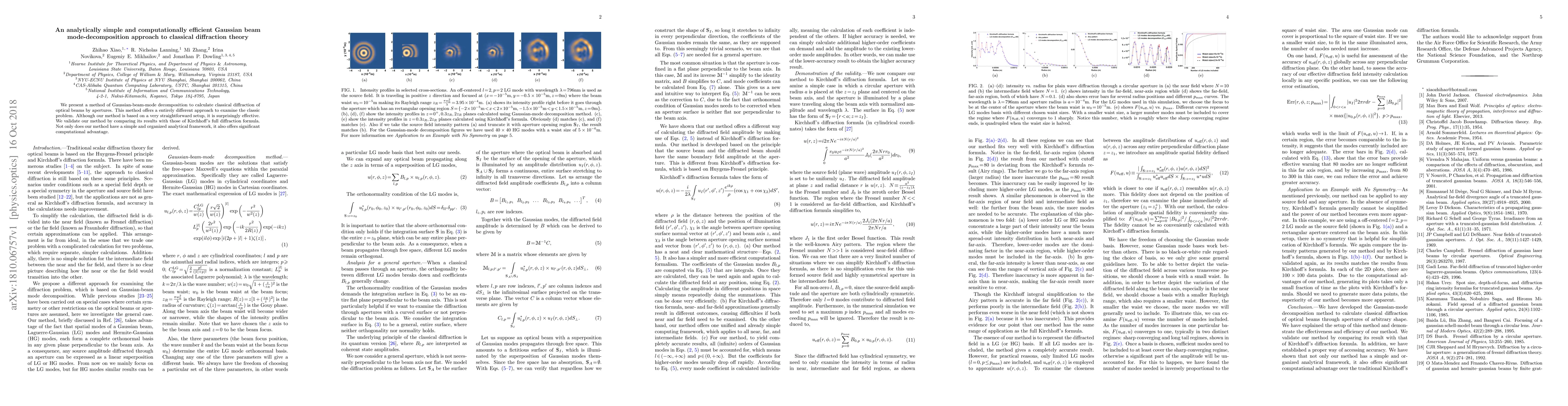 Thumbnail for An analytically simple and computationally efficient Gaussian beam
  mode-decomposition approach to classical diffraction theory