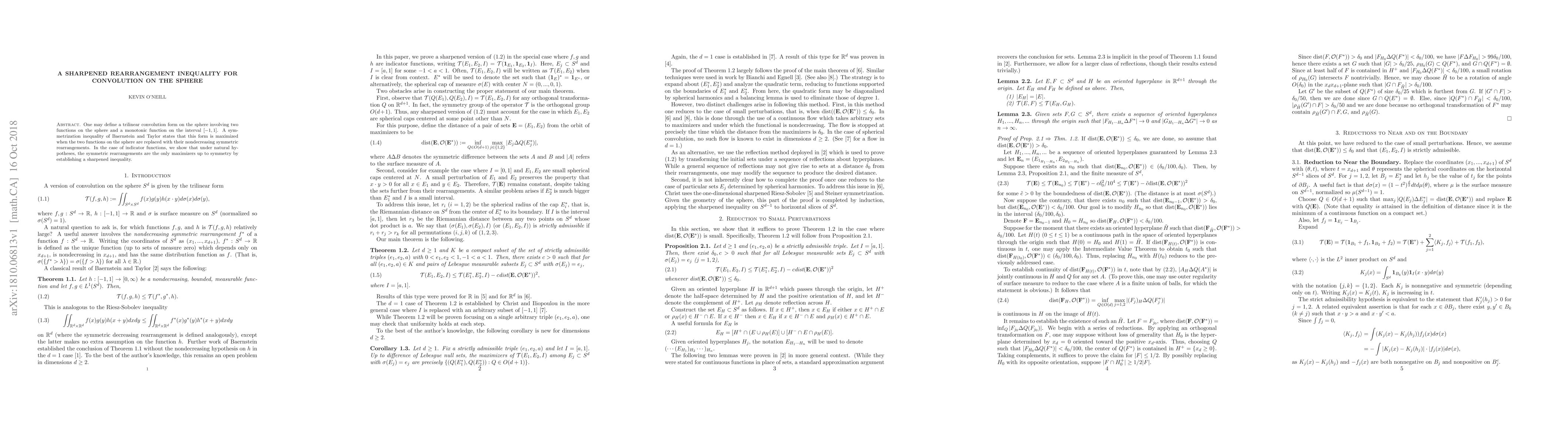 Thumbnail for A Sharpened Rearrangement Inequality for Convolution on the Sphere