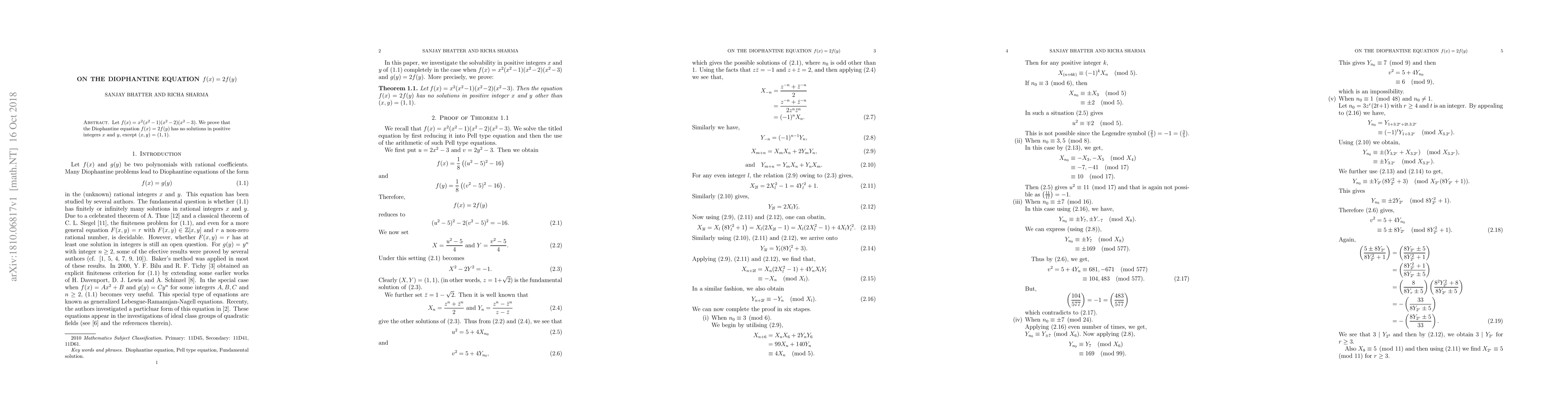 Thumbnail for On the Diophantine equation $f(x)=2f(y)$